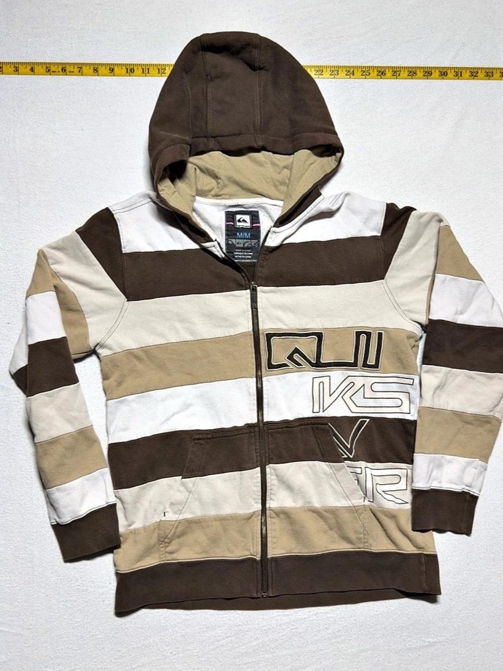 Vintage y2k Quiksilver Striped Zip Hoodie Boys Medium Brown & White